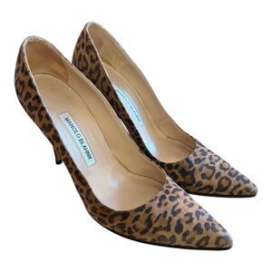 MANOLO BLAHNIK Sz EU 38.5 Brown Animal Print Leather Stiletto Pumps